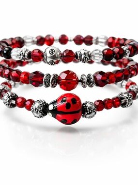 Hand Crafted Ruby Red and Silver Ladybug Bead Stack Bracelet